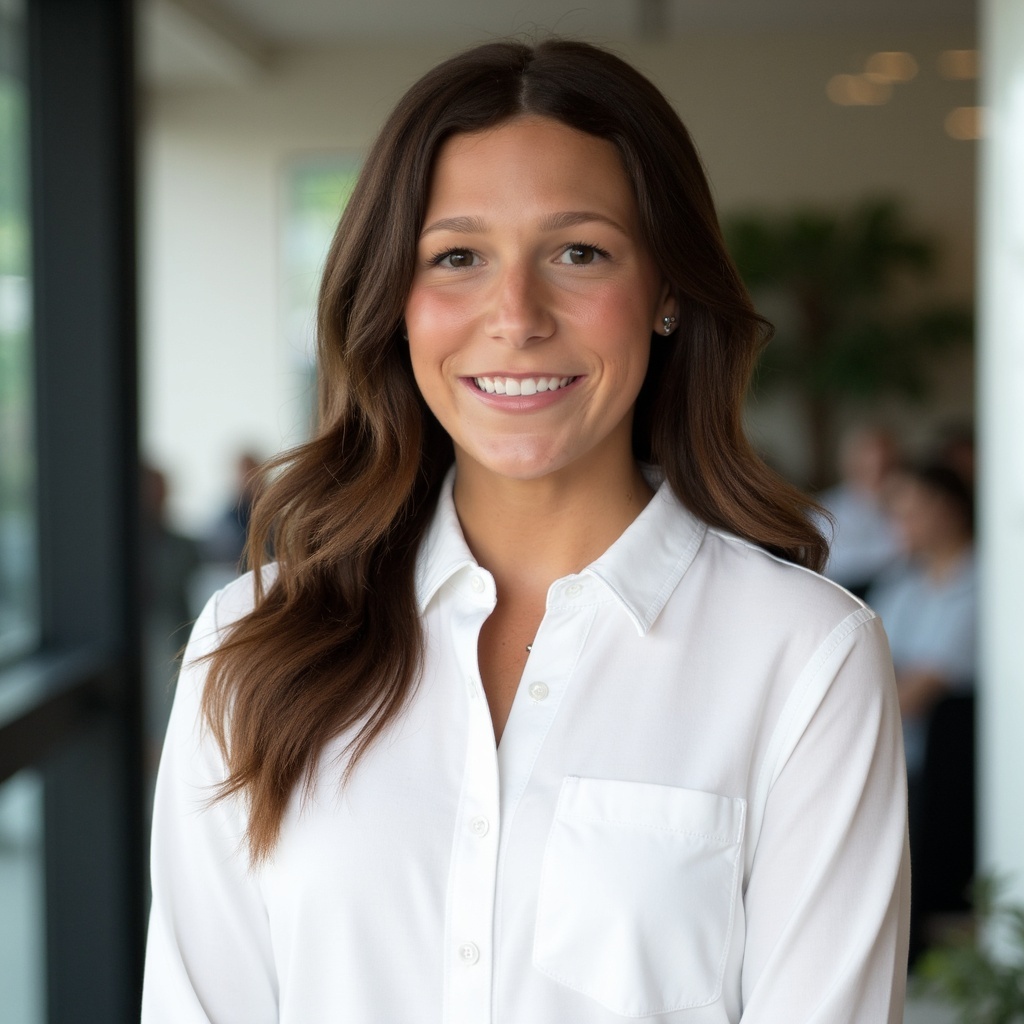 Smiling young woman in white blouse standing indoors with natural light.